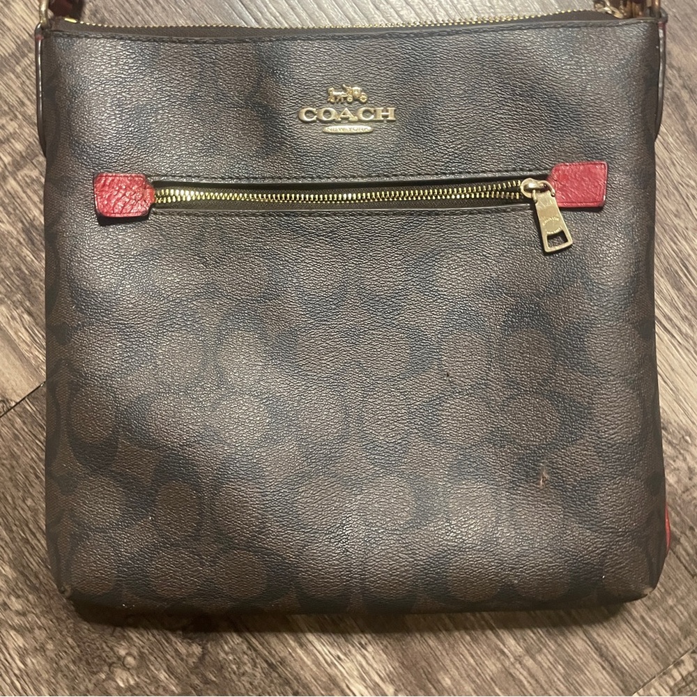 Coach Brown Signature Crossbody with Red Accents